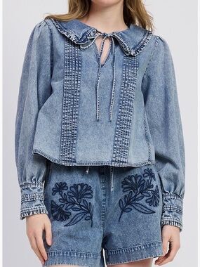Jacqui E Light Blue Embroidered Denim Top & Shorts Set